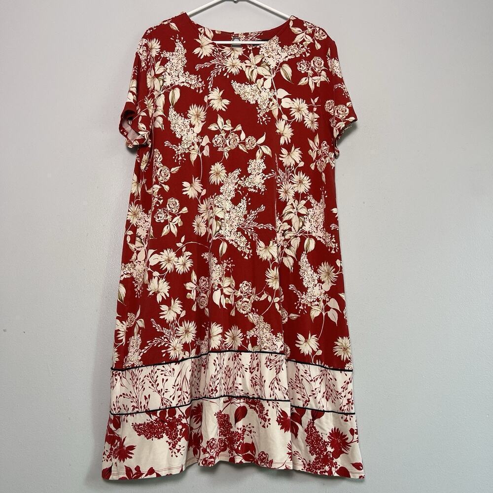 J Jill Floral T Shirt Dress Lounge Loungewear Casual Sz XL Red Stretch A line - Picture 2 of 13